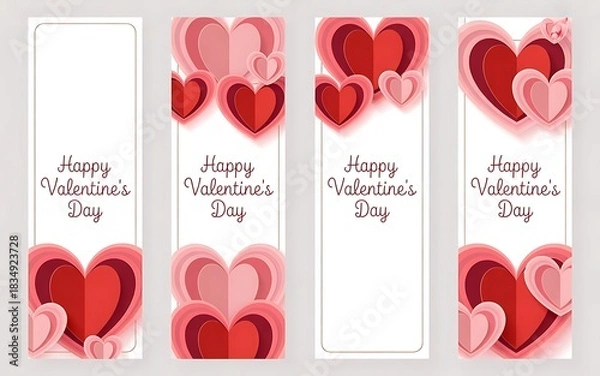 Obraz Four vertical banners with red and pink paper cut hearts for valentine day