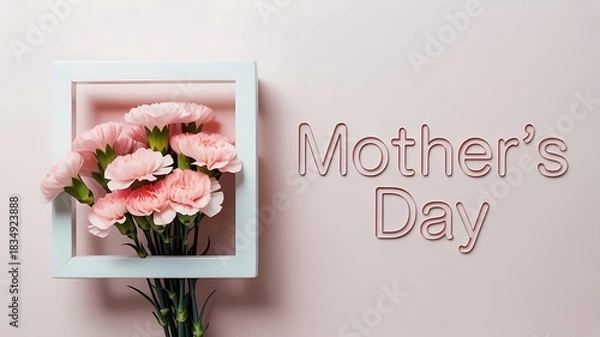 Obraz Pink carnations in a white square frame next to mothers day text