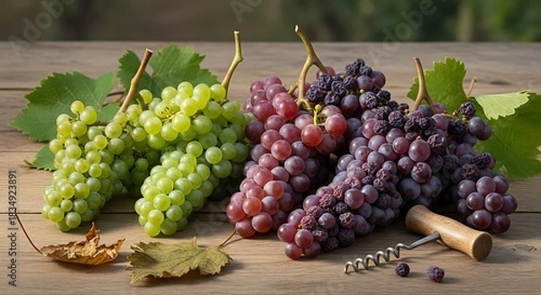 Fototapeta Ripe grapes in multiple colors arranged on a wooden table with leaves.