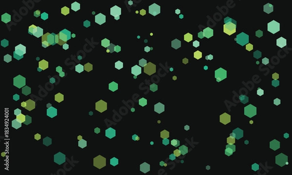 Fototapeta Abstract geometric background with green hexagons floating on a dark canvas full frame backdrop
