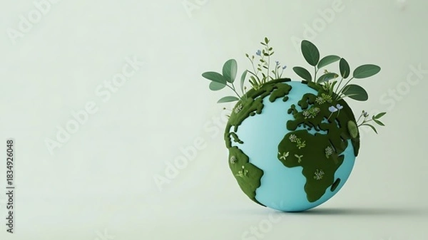 Obraz A stylized 3d rendering of planet earth with green foliage growing from it