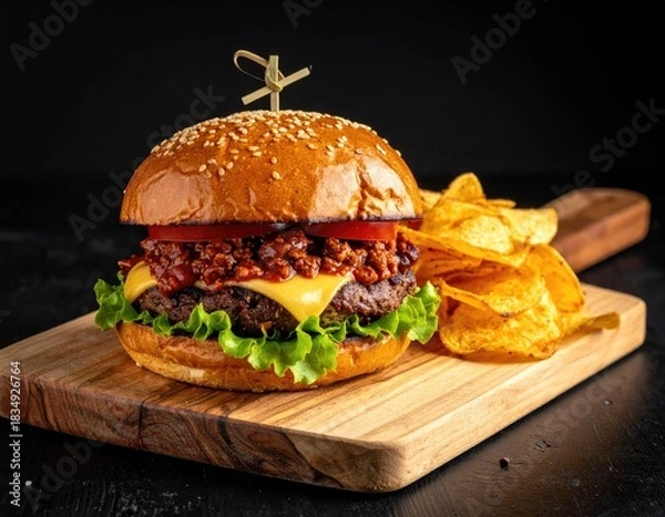 Obraz Burger, cheddar, tomatoes, and chips