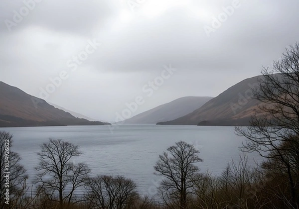 Fototapeta Misty mountains overlook a serene lake on an overcast day.