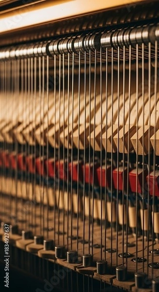 Fototapeta Close-up of piano strings and hammers showcases musical instrument mechanics.