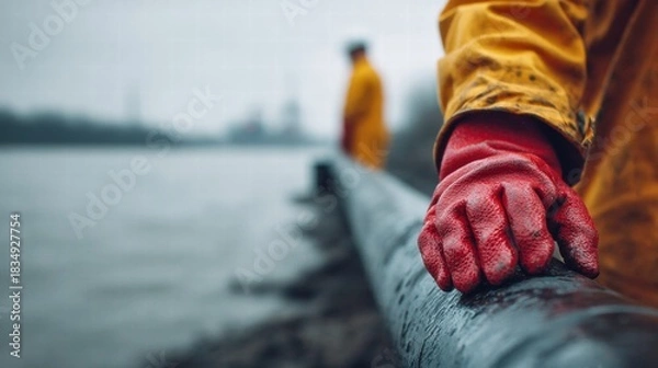 Fototapeta A person wearing red gloves holds onto a pipe near a body of water.