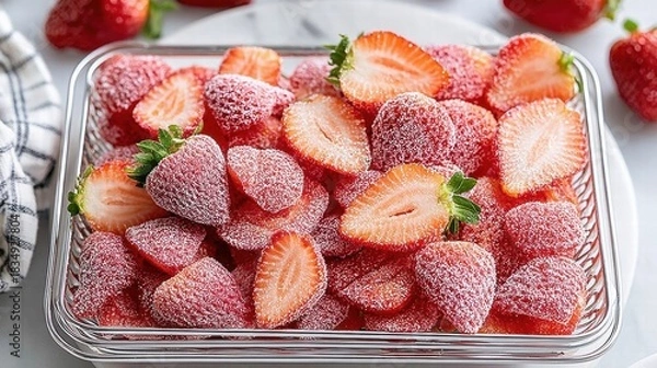 Fototapeta Freshly sliced strawberries in a clear glass container, perfect for a healthy snack.
