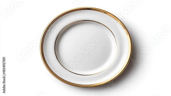 Fototapeta Elegant white plate with gold rim on a white background