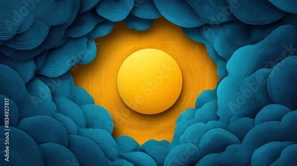 Fototapeta Abstract composition of a yellow circle surrounded by blue cloud-like shapes.