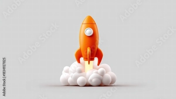 Fototapeta Orange rocket ship launching into the sky with a trail of smoke.