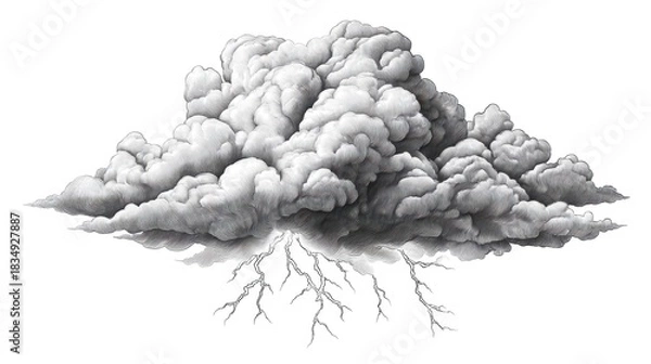 Fototapeta Dramatic cloud formation with lightning strikes illustrated on a white background.