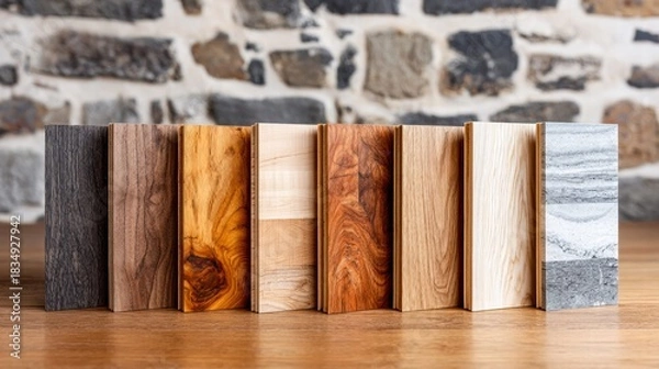 Fototapeta Variety of wood and stone samples displayed on a wooden surface.