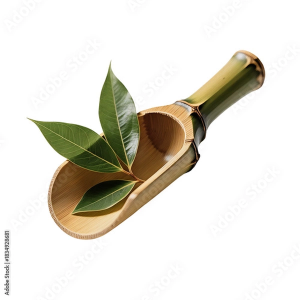 Obraz Bamboo scoop with green leaves on white background  
