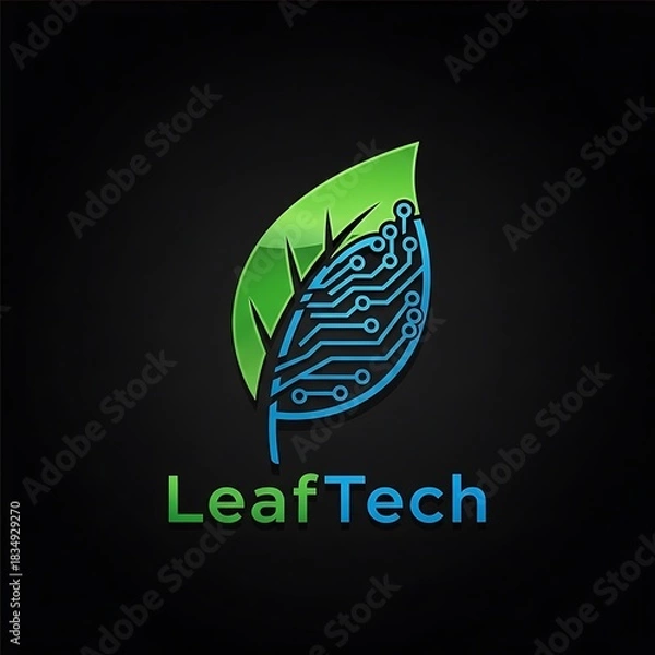 Fototapeta Green leaf with integrated circuit patterns symbolizes sustainable technology.