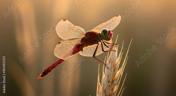 Fototapeta Red dragonfly rests on a wheat stalk in soft golden light.