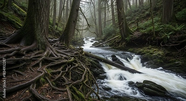 Fototapeta Lush forest floor with exposed roots beside a flowing stream.