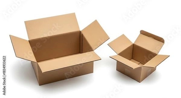 Fototapeta Two open cardboard boxes, one large and one small, sit on a white surface.