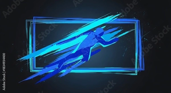 Fototapeta Dynamic blue figure leaps through abstract paint strokes within a frame.