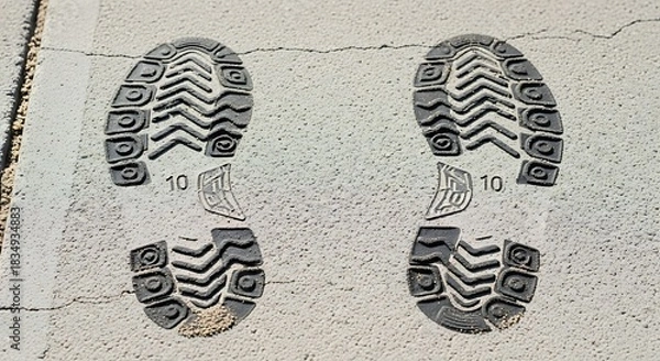 Fototapeta Footprint markings indicate shoe size 10 on textured pavement.