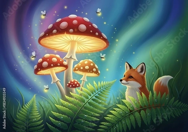Fototapeta A curious fox observes glowing mushrooms and fireflies in a mystical forest.