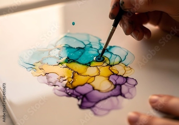 Fototapeta uses brush to create fluid art with colorful alcohol inks.