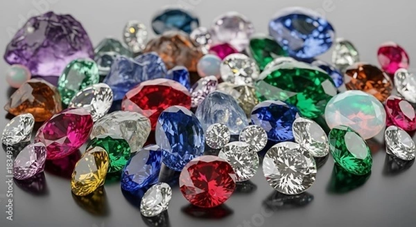 Fototapeta Assorted colorful gemstones glitter and shine on a dark reflective surface.