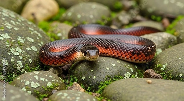 Fototapeta Snake with red and black scales rests on mossy rocks.