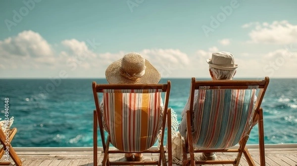 Fototapeta Elderly couple relaxing together in deck chairs by the ocean on a sunny day enjoying their peaceful time