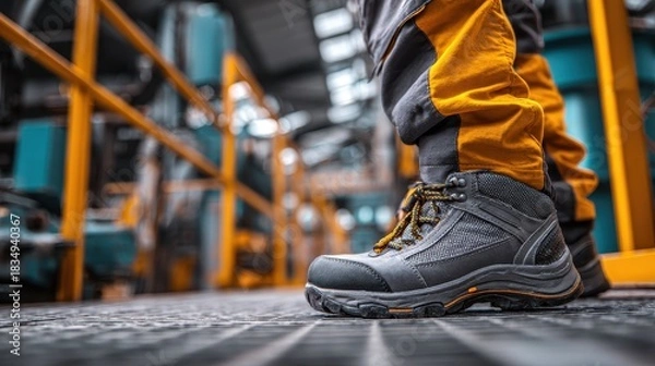 Fototapeta Close up of a safety working shoe on a worker's foot standing on an industrial floor during a busy workday in a manufacturing facility