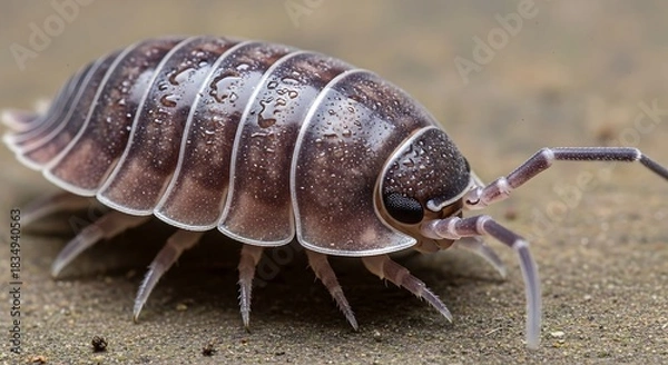 Fototapeta Small insect with armored segments walks on sandy ground.