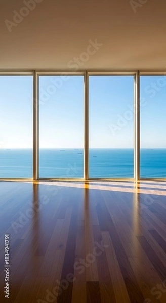 Fototapeta Wide windows offer panoramic ocean views and reflect light on a polished wooden floor.