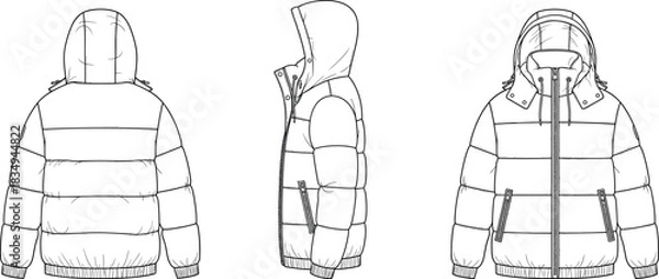 Fototapeta Technical puffer jacket flat sketch, hooded coat template, back, side, front view vector illustration, winter outerwear garment, detailed CAD drawing