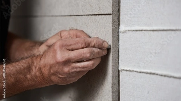 Fototapeta Expert worker applies advanced fiber cement siding using precise techniques for durable and sustainable home improvement in a residential area