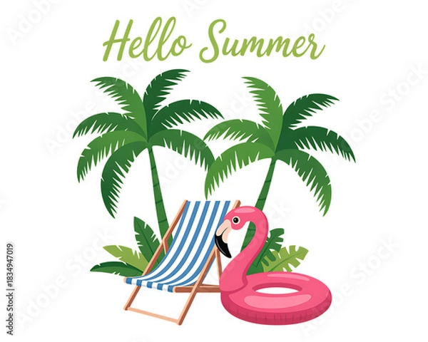 Obraz Tropical summer vacation vector illustration of an exotic island beach with palm trees, sand, and turquoise sea water on transparent background