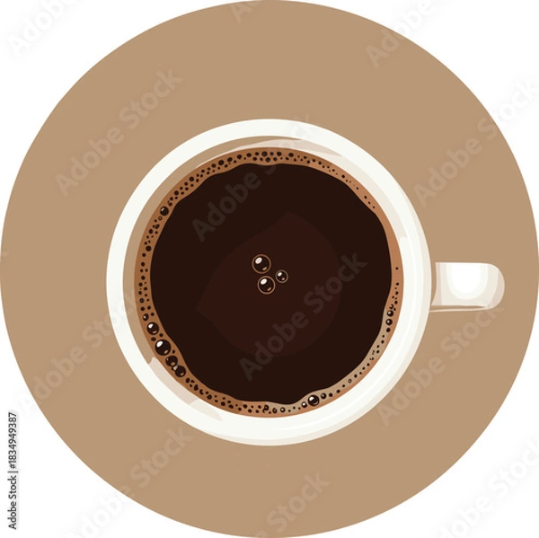 Fototapeta Top View of a Cup of Black Coffee, Hot Espresso Drink with Crema Bubbles, Warm Beverage on a Brown Circle Background, Morning Drink and Caffeine Concept Vector Illustration.