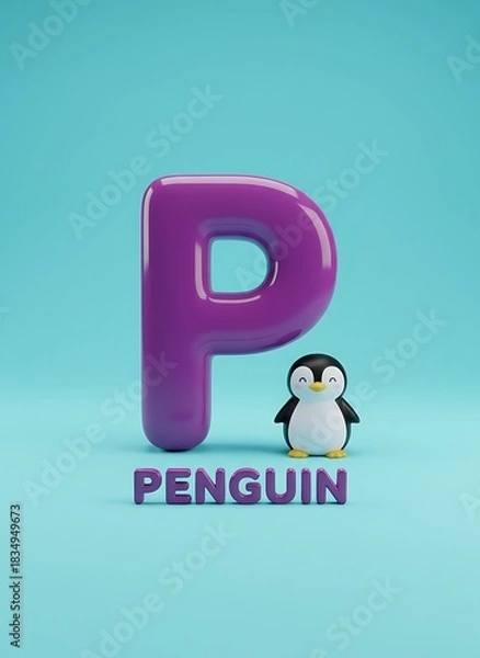 Fototapeta A purple letter p with a penguin and the word penguin on a light blue background