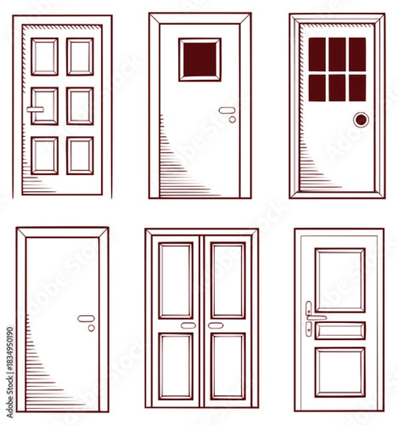 Obraz Collection of Six Different Door Illustrations in Outline Style