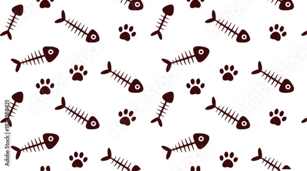 Obraz Cute Cat Paw Prints and Fish Bones Seamless Pattern Background