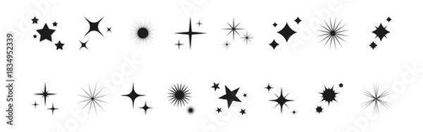 Fototapeta Set of icon glitter star, sparkle sun. Abstract shapes of explosion, glow and blink effects for celebrate party design. Twinkle shiny and flash graphic elements. Isolated vector illustrations.