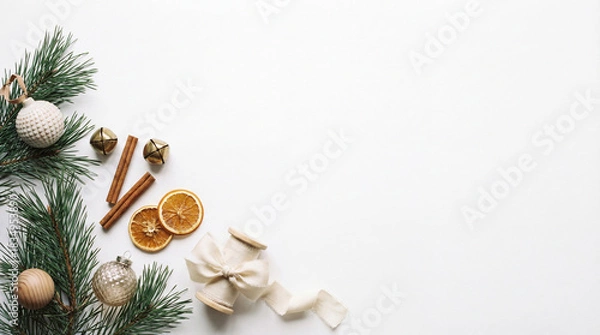 Obraz Minimalist Christmas Flat Lay with Ornaments and Copy Space