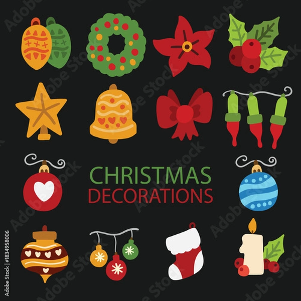 Fototapeta A decorative assortment of Christmas ornaments on a dark backdrop, featuring holly, bows, stars, stockings, candles, bells, and cookies. Bright, charming, and ideal for festive creative projects.