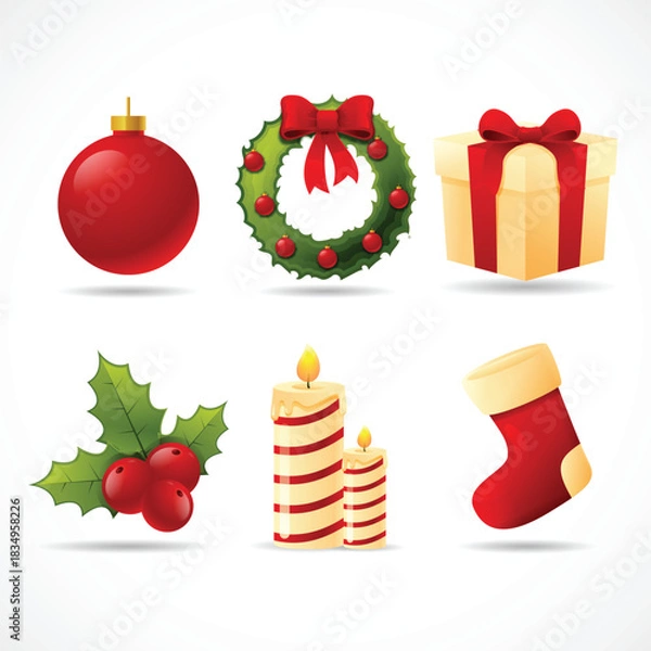 Fototapeta Set of Christmas objects including baubles, wreath, gifts, holly, candles, and stockings. A versatile festive collection ideal for seasonal graphics and holiday branding.