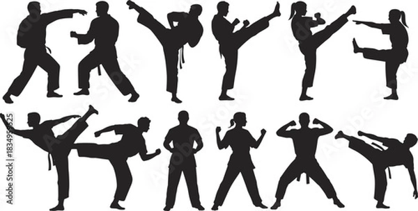 Obraz karate, taekwondo, martial, fighter, kick, defense, combat, silhouette, training, action, pose, sparring, self-defense, martialarts, vector