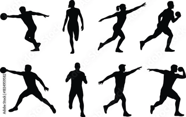 Obraz Collection of dynamic athlete silhouettes performing throwing, running, and boxing poses, active sports figures in motion, vector illustration set