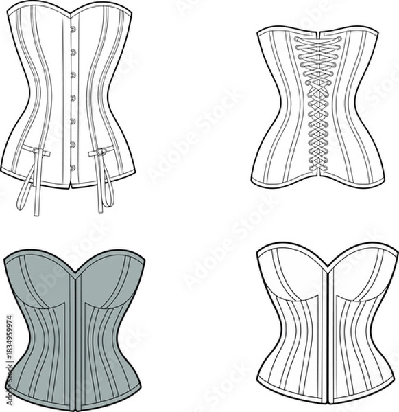 Obraz Vector technical fashion illustration of women’s corsets with front busk closure, back lacing, structured boning seams, garment flats, and design templates