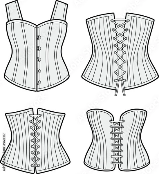 Obraz Vector technical fashion drawing of women’s corset with front busk closure and multiple back lace-up variations, detailed seams, boning, and garment template