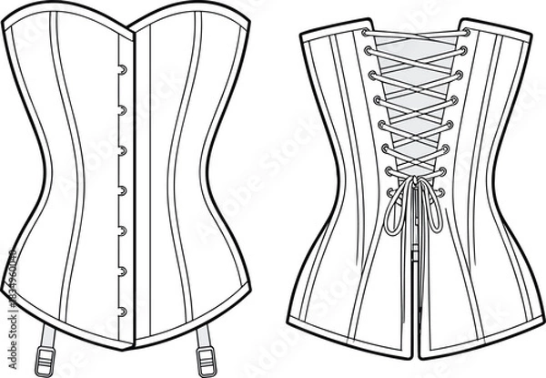 Obraz Vector technical drawing of women’s corset with front busk closure and back lace-up design, detailed seams, boning lines, and lingerie garment template