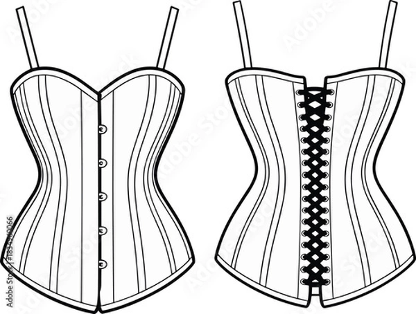 Obraz Women’s corset technical drawing featuring front button closure and back lace-up design, detailed seams, garment structure, sewing pattern, and lingerie fashion illustration