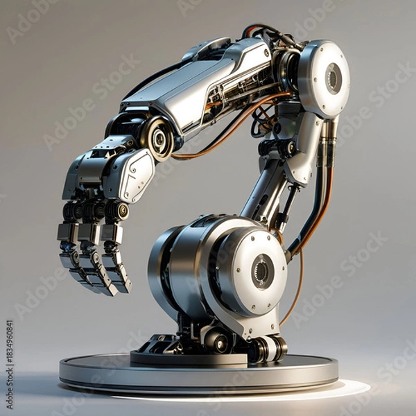 Fototapeta Realistic robotic arm on circular platform detailed automatic manipulator
