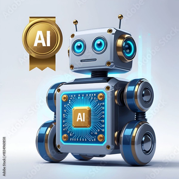 Fototapeta Mini robot processor with Ai label set of vector objects in cartoon 3d style