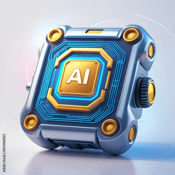 Fototapeta Mini robot processor with Ai label set of vector objects in cartoon 3d style